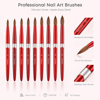 Kit de pinceaux à ongles en poils de Kolinsky sur mesure, 9 tailles, manche en métal rouge brillant, outils à ongles OEM ODM