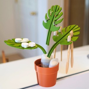 Mirror-<strong>leaf</strong> Monstera Artificial Plant Plastic Flower Pot 3 <strong>Leaves</strong> Bathroom Storage Box Toothbrush Holder <strong>Wall</strong> Decorations <strong>Decor</strong> - Product Image 1