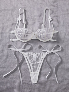 White Heart Embroidery Lace Lingerie <b>Set</b> <b>Sexy</b> Sheer Mesh Womens Intimates Underwire Bra and Tie Side Thong Panties <b>Set</b> 2 Piece - Product Image 4