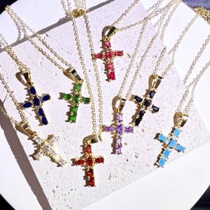 8 renkler pirinç gerçek 18k altın kaplama zirkon CZ çapraz kolye kolye hıristiyan çok renkli elmas çapraz kolye - Product Image 1