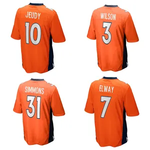 ใหม่ 2024 อเมริกันฟุตบอลเสื้อขายส่งแห้งเร็วผู้ชายสีส้มเย็บDenverอเมริกันฟุตบอลชุด #3 Wilson #7 Elway