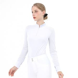Camisetas de manga larga con cremallera y botones <span class=keywords><strong>para</strong></span> mujer, de malla transpirable, <span class=keywords><strong>para</strong></span> equitación, color blanco. - Product Image 4