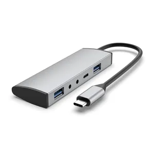 热卖铝合金C型至USB 3.0*2 + USB C数据传输 + 7.1声道声卡，适用于Macbook USB C适配器5合1