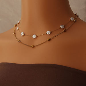 ミニマリストスタイル淡水ラウンドフラットパールネックレスブレスレットセットステンレススチールピュアパールセットクラシックパールジュエリー - Product Image 6