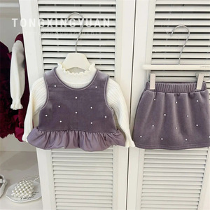Tongxingyuan Girls Winter Outfit Purple Rhinestone Top Fleece Lined Midi Skirt Set Thickening Cotton Children's Clothing - Product Image 1