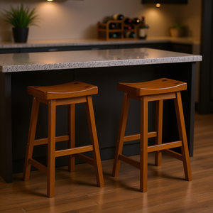 Tabourets de bar en bois massif avec assise en forme de selle, 29 pouces, lot de 2, pour salle à manger décontractée, mobilier de maison, hauteur de bar, chêne brun mélangé - Product Image 2