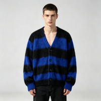 Cárdigan Oversize de Mohair con Estampado, Estilo Grunge, Suave y Peludo, Cuello en V, Botón Único, Manga Regular, Grosor Estándar, Tejido de Punto, para Hombre