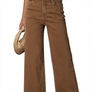 Jean en denim marron taille haute à jambe large pour femme, coupe droite, style décontracté, automne-hiver, en coton délavé, couleur unie - Product Image 3