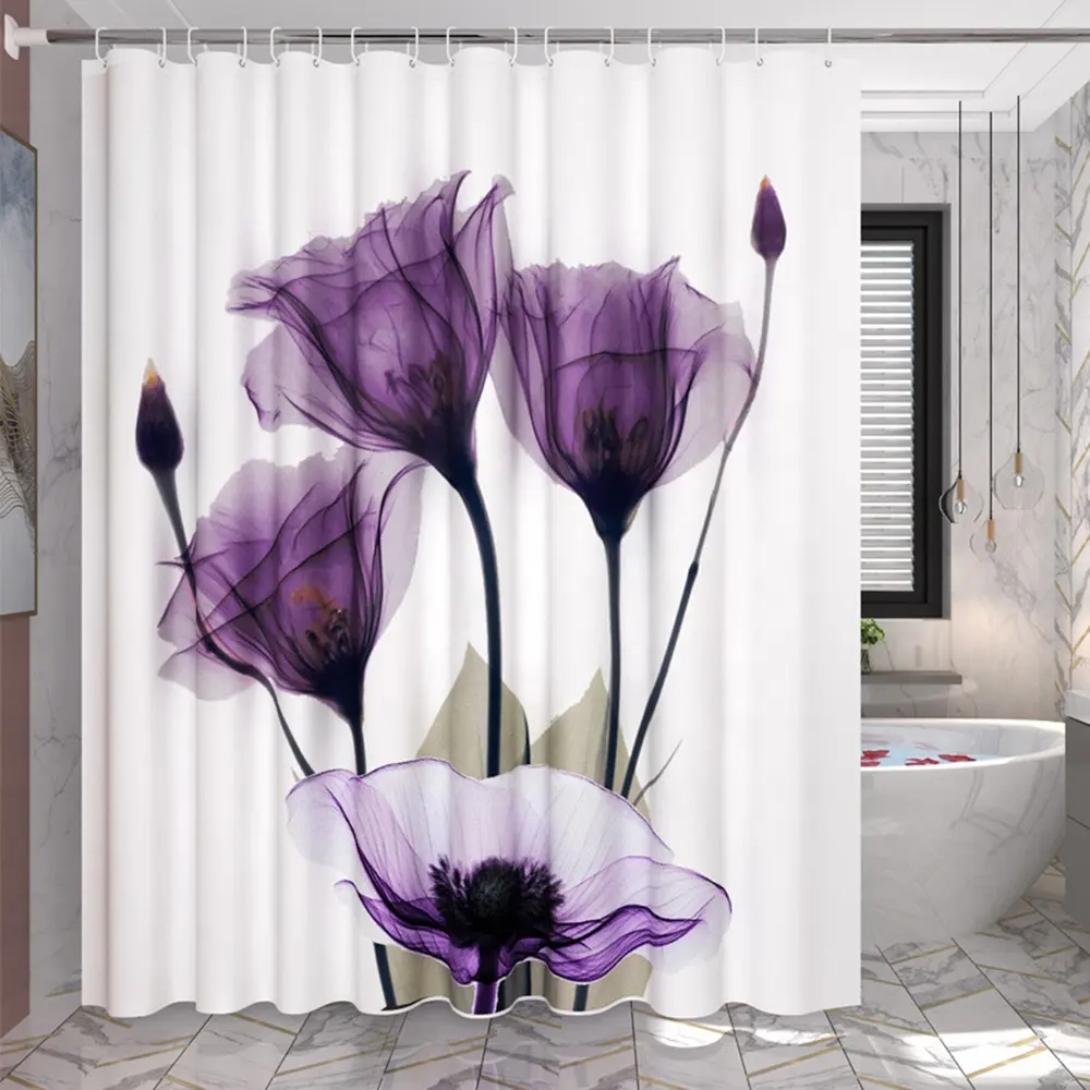 Luxury new design waterproof polyester purple tulips partition bathroom shower curtain set thickened door curtain shower factory