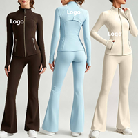 Ensemble de veste pour femme, veste à fermeture éclair intégrale avec col montant et trous pour les pouces, leggings évasés, ensembles de vêtements de sport grande taille pour femmes