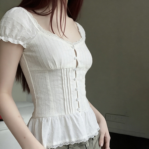 Sweet Girly Style Lace Trim Breathable Summer Button <b>Down</b> Blouse for Women Slim Fit Waist Belted Plain Top Casual Wear - Product Image 4