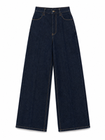 Celana Jeans Wanita Warna Indigo Tua Vintage Jacquard Pinggang Tinggi Model Kaki Lebar