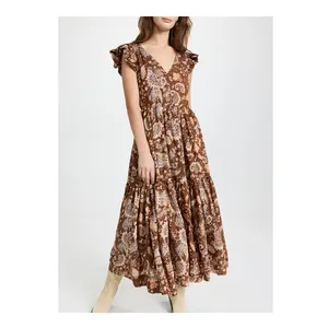 Earth tone brown paisley printed short sleeve ruffle midi dresses for women