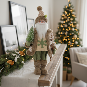 Cozy Snowflake Sweater Santa Claus Figure with Fur Trim Mini <b>Tree</b> for Cabin Christmas Holiday Home Decor - Product Image 1