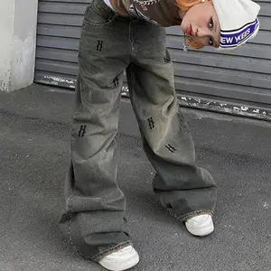 Hip Hop Style Low Waist Retro Cargo Jeans Loose Streetwear Casual Wide Leg Pants Trousers For Women