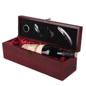 パーフェクトウッドシングルワイン装飾キャリアボックスと4個のワインオープナーアクセサリーギフトボックスセットと赤い木製ワインボックスパッケージ