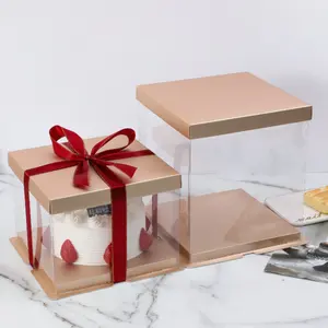 caja de pastel de 10 a 14 Suppliers-Caja transparente para repostería, embalaje para repostería de 6, 8, 10, 12 y 14 pulgadas, color dorado claro, venta al por mayor