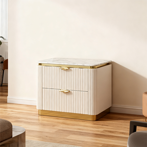 Mesita <span class=keywords><strong>de</strong></span> <span class=keywords><strong>noche</strong></span> moderna blanca <span class=keywords><strong>de</strong></span> 2 cajones con detalles dorados, orientación lateral izquierda, madera hecha a mano para almacenamiento <span class=keywords><strong>de</strong></span> dormitorio <span class=keywords><strong>de</strong></span> apartamento - Product Image 4