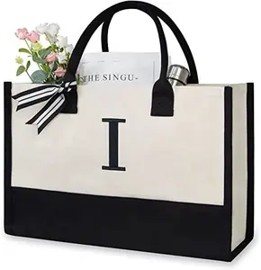 Personalized embroidery logo canvas beach bag tote Eco-friendly cotton customized Alphabet letter shopper shopping bag