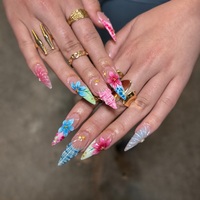 Faux ongles à presser 3D faits main en forme de fleur, couvrance totale, styles variés, décorations dorées, pour salon de beauté, vente en gros