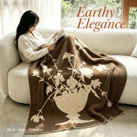 Plaid floral style Maillard, motif bouquet crème cacao, ultra doux, réversible, en velours, pour lecture, détente et espace de vie