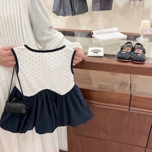 Vestido de Verano sin Mangas con Estampado de Lunares y Dobladillo Abullonado para Niñas, Estilo Coreano, Informal, para Uso Diario - Product Image 2