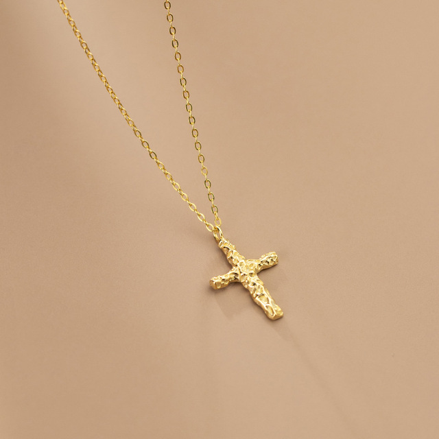 Minimalist 925 Sterling Silver Cross Pendant Necklace Fashionable Simple Plain Irregular Big Uneven Gold Plated for Parties