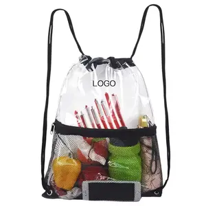 2024 Custom Logo Design Promotional Waterproof Sports PVC Drawstring Bag GymClear PVC Drawstring Backpack With Mesh Pocket