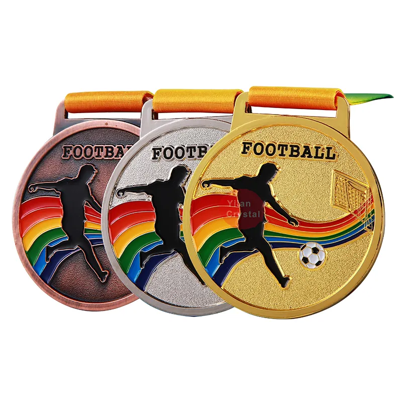 サッカーの試合のお土産のためにカスタマイズされた金属メッキラウンドのサンドブラストゴールドメダル