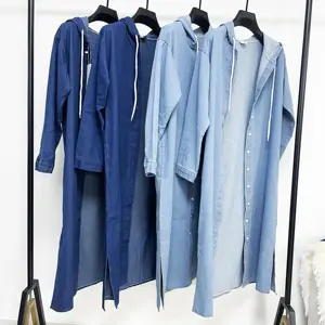 wholesale Solid Color blue jean jacket Coat Hooded ladies winter jackets long denim jacket for women