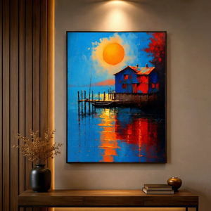 Peinture acrylique abstraite moderne sur toile texturée, motif bateau et coucher de soleil, art mural fait main, thème bord de mer - Product Image 1