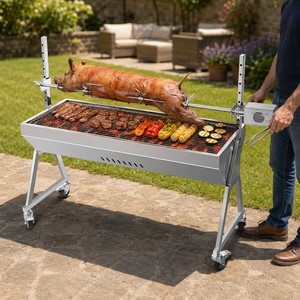 Barbecue vertical professionnel moderne en acier inoxydable avec rôtissoire, machine à charbon de bois commerciale haut de gamme pour rôtir porc et agneau en extérieur - Product Image 6