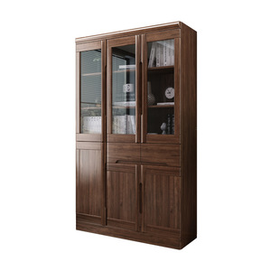 Jin Yan <b>Solid</b> <b>Wood</b> <b>Bookcase</b> Walnut Color Glass Doors Floor Standing Storage Cabinet For Home Office Use - Product Image 4