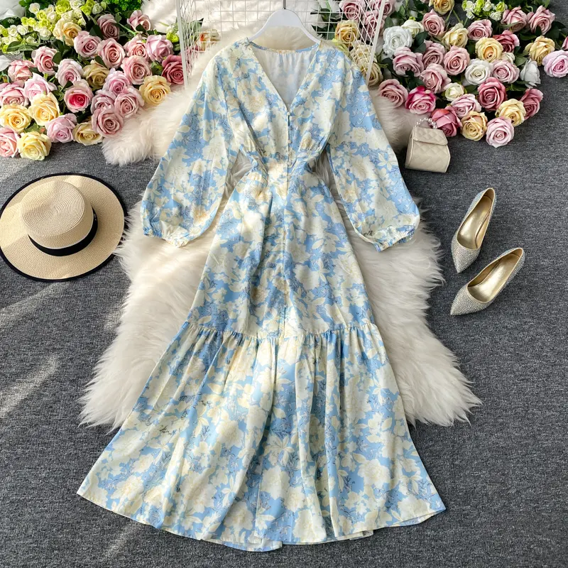 Hot selling female V-neck short-sleeved casual floral dress for summer