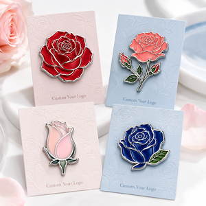 Badges de revers en métal personnalisés en émail dur, plaqués argent, motifs Rose rouge, Corail, Bouton de rose rose, Bouton de rose bleu - Product Image 1
