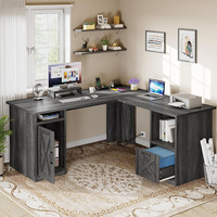 Bureau de bureau à domicile en forme de L avec prises de courant Support pour ordinateur et moniteur Tiroir à fichiers et étagères de rangement Meubles de bureau d'angle