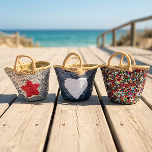 Panier en paille fait main avec décoration de sequins, motif étoile et cœur, poignée naturelle, seau de rangement, décoration d'intérieur, Noël - Product Image 3