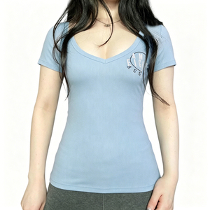 Camiseta de Verano Elástica y Ajustada con Estampado Digital para Mujer, Cuello en V, Transpirable, de Punto, con Contraste de Color, Manga Corta, Informal - Product Image 4