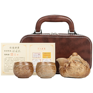 Théière en céramique avec relief de dragon, un théière et deux tasses, ensemble de thé de voyage portable pour la maison et l'extérieur, poterie de Dehua, tradition chinoise - Product Image 5