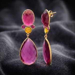 Pendientes de Plata de Ley Chapados en Oro de 14K al por Mayor, con Piedras Preciosas Multicolor de Moda y Detalles en Forma de Lágrima Ovalada Rosa y Amarilla - Product Image 2