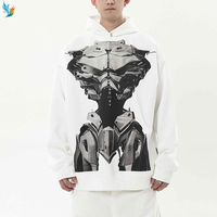 Sudadera con capucha para hombre, negra, oversize, con estampado de robot mecha, estilo urbano, con hombros caídos y gráfico de tono medio