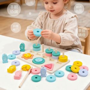 3 in 1 Stacker Colorful Shapes Sorter Blocks Fishing Game Wooden Table Toy for Children - Product Image 5