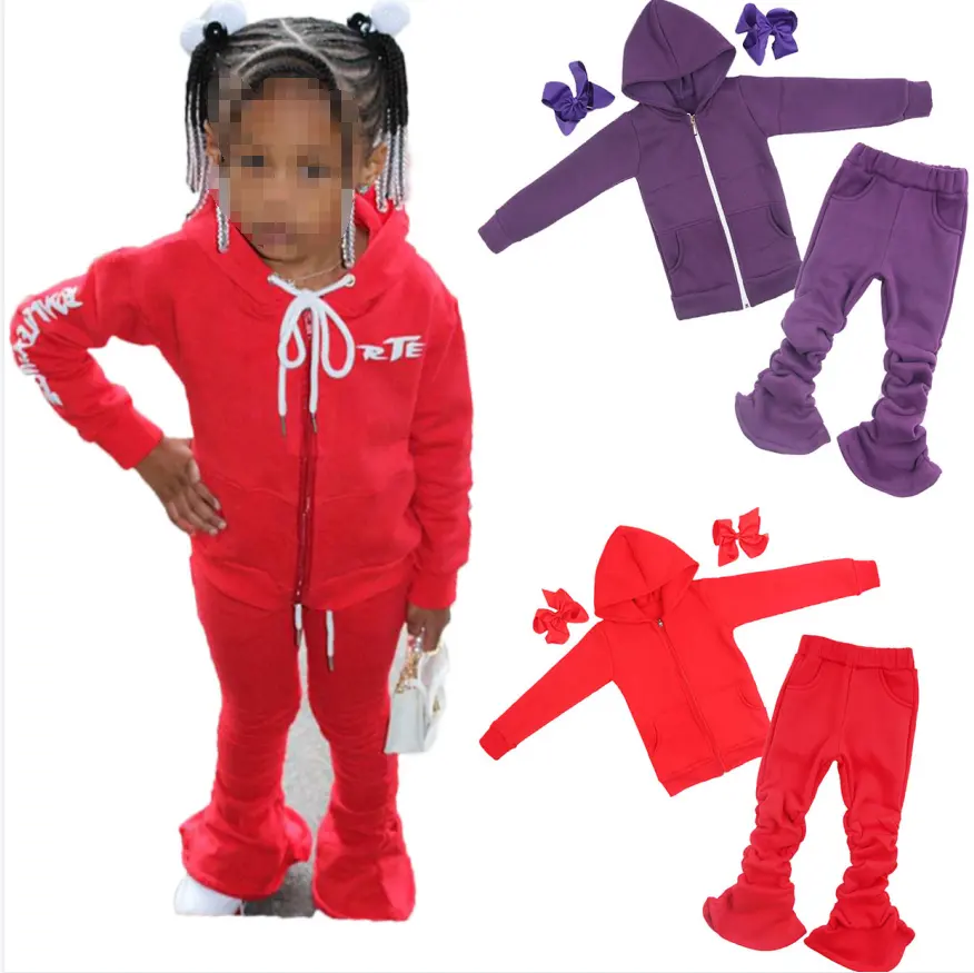 Logo personalizzato 2 pezzi vestito ragazze autunno cerniera giacca e pantaloni impilabili Boutique bambini set di felpe con cappuccio