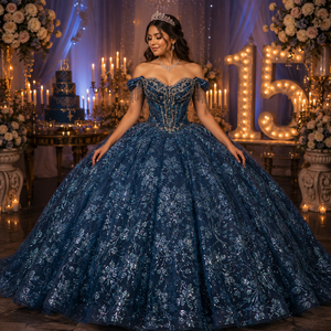 Vestido de Gala Azul Marino Lsmc73-Pz, Estilo Princesa, con Pedrería, Lentejuelas, Adornos Florales y Borlas, Jancember - Product Image 1