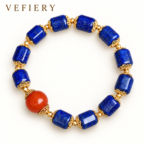 Blue Lapis and Red Agate Mixed Beaded <b>Bracelet</b> with Gold Tone Spacers <b>for</b> <b>Women</b> - Product Image 1