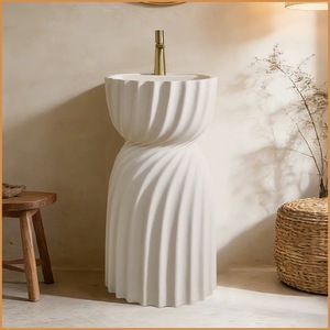 อ่างล้างหน้าแบบตั้งพื้นทรงโค้งวับบิซาบิ พร้อมฐานรองแบบมีร่อง ผลิตจากหินสังเคราะห์คุณภาพสูง ดีไซน์หรูหรา เหมาะสำหรับห้องน้ำ - Product Image 2