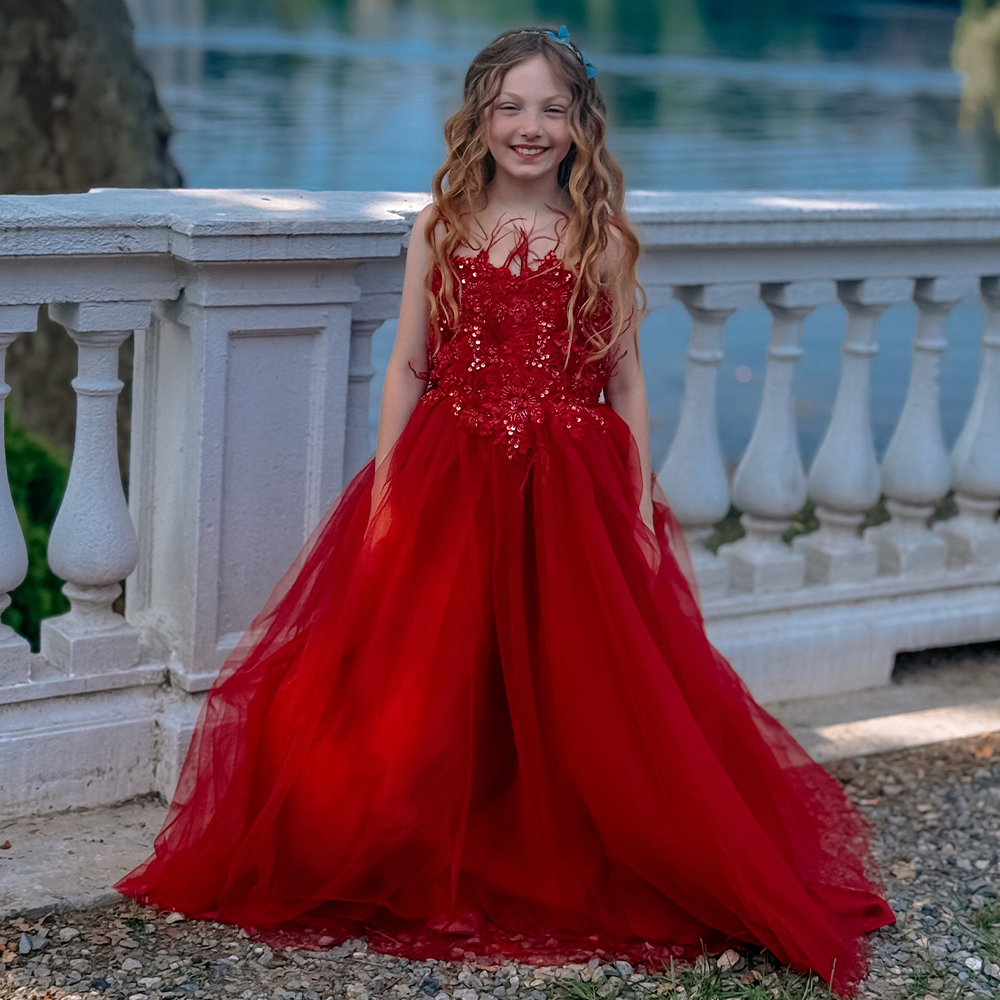 Red Lace Tulle Flower Girl Dresses for Wedding Party Kids