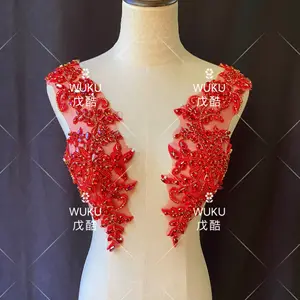 sew on lace in encrusted crystal beads applique in red