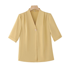 Women's Chiffon Short Sleeve Blouse Solid Color V Neck Office Shirt Polyester Fabric Sheer Layer Design - Product Image 5