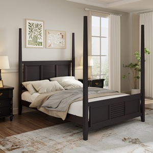 Traditional Solid Wood <b>Poster</b> Bed With Horizontal Slats Eco-Friendly Dark Brown Full Size Bedroom Furniture - Product Image 1